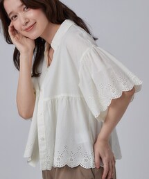 SHOO・LA・RUE | 【洗濯機可/綿100%/体型カバー】刺繍レースがこなれ見え 二の腕が隠せる ペプラムブラウス(シャツ/ブラウス)