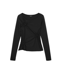 フローラルモチーフ スモッキング長袖Tシャツ_シアーブラック