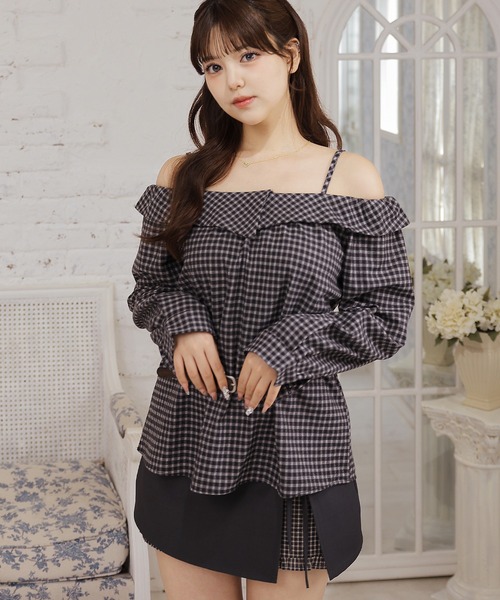 Anely(アネリー)の「チェック柄オフショルフリルブラウス ベルト付き(シャツ/ブラウス・レディース・ブラック/ネイビー/ブラウン・FREE)」の18枚目の写真
