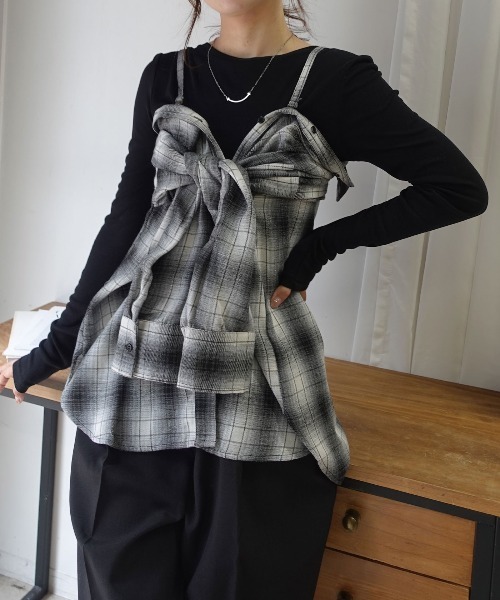 CORNERS(コーナーズ)の「3wayアレンジチェックシャツ(シャツ/ブラウス・レディース・ブラック/ブラウン/ブルー・M)」の6枚目の写真