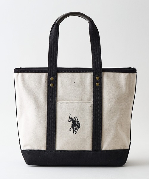 U.S. POLO ASSN.（ユーエスポロアッスン）の「【U.S. POLO ASSN./ユーエスポロアッスン】【不動の人気を誇るキャンバストートバッグ】 リバイバルトート Mサイズ 綿100% ベーシックデザイン 天ファスナー 内ポケット 型崩れしにくい マチあり デイリーユース USPA-2651（トートバッグ・レディース・オフホワイト/ダークブルー・FREE）」の3枚目の写真