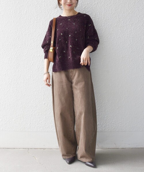 SHIPS any(シップス エニィ)の「〈手洗い可能〉フラワー 刺繍 クルーネック プルオーバー(ニット/セーター・レディース・ブラウン/ネイビー・ONE SIZE)」の3枚目の写真