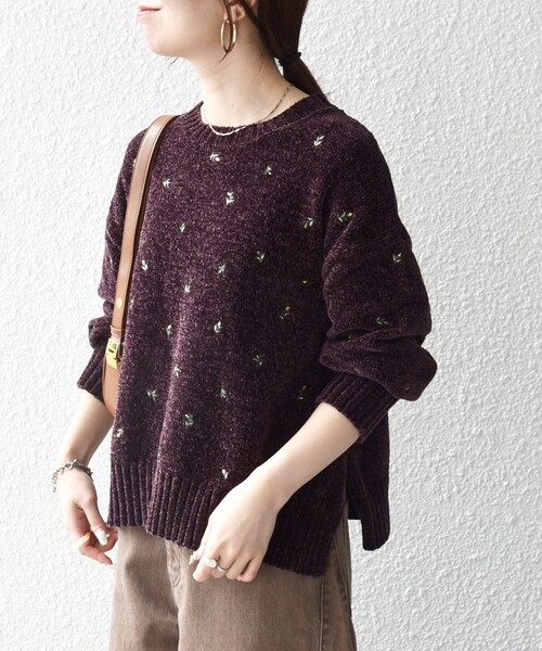 SHIPS any(シップス エニィ)の「〈手洗い可能〉フラワー 刺繍 クルーネック プルオーバー(ニット/セーター・レディース・ブラウン/ネイビー・ONE SIZE)」の6枚目の写真