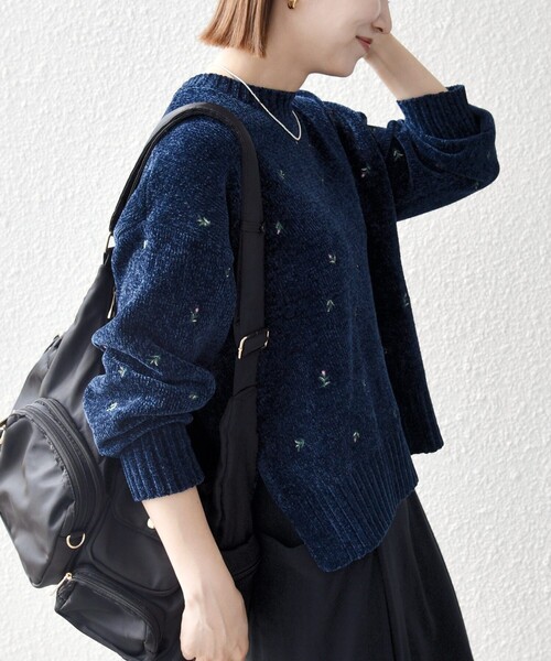 SHIPS any(シップス エニィ)の「〈手洗い可能〉フラワー 刺繍 クルーネック プルオーバー(ニット/セーター・レディース・ブラウン/ネイビー・ONE SIZE)」の12枚目の写真