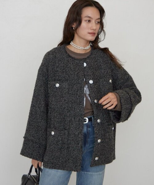 LOUNGEDRESS(ラウンジドレス)の「《ZOZO限定/名品アイテムが復刻!》ツイードジャケット 冬服(ノーカラージャケット・レディース・オフホワイト/ブラック/グレー・FREE)」の5枚目の写真