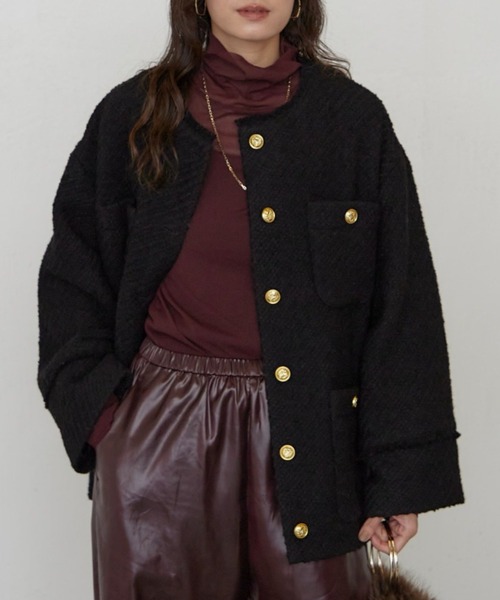 LOUNGEDRESS(ラウンジドレス)の「《ZOZO限定/名品アイテムが復刻!》ツイードジャケット 冬服(ノーカラージャケット・レディース・オフホワイト/ブラック/グレー・FREE)」の3枚目の写真