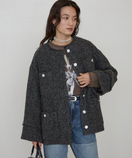 LOUNGEDRESS(ラウンジドレス)の「《ZOZO限定/名品アイテムが復刻!》ツイードジャケット 冬服(ノーカラージャケット・レディース・オフホワイト/ブラック/グレー・FREE)」の15枚目の写真