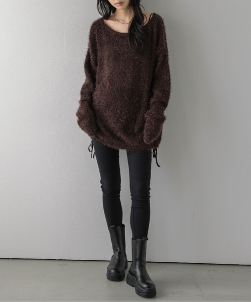 AMELY(エミリー)の「シャギーニットプルオーバー/サイドドロスト/リボン(ニット/セーター・レディース・ベージュ/グレー/ブラウン/ブラック/レッド・フリー)」の14枚目の写真