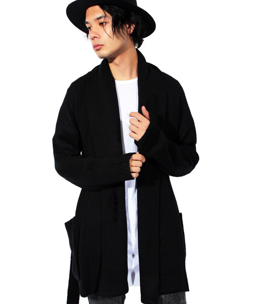 ８(eight)（エイト）の「ダメージ ニット ガウン コーディガン（カーディガン/ボレロ・メンズ・ブラック/グレー/カーキ・LARGE/MEDIUM/X-LARGE）」の2枚目の写真