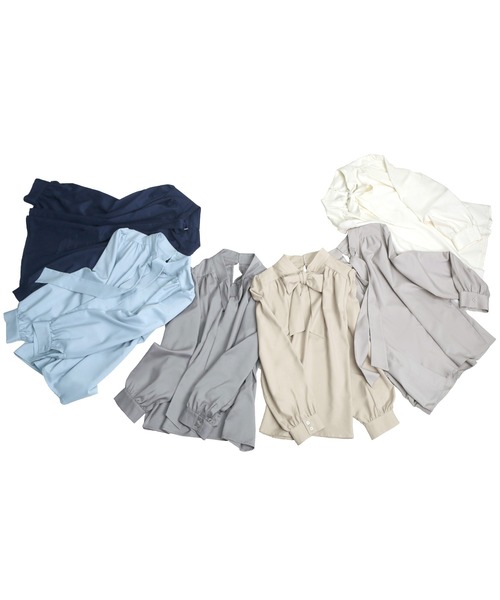 RUIRUE BOUTIQUE（ルイルエブティック）の「洗える ｜ 長袖ボウタイリボンブラウス ｜ 長袖 トップス 体型カバー オフィスカジュアル 通勤服 華やか ボウタイ リボン ブラウス（シャツ/ブラウス・レディース・ネイビー/オフホワイト/サックスブルー/グレイッシュベージュ/ベージュ/グレー・LL/3L/4L/5L/S/M/L）」の7枚目の写真