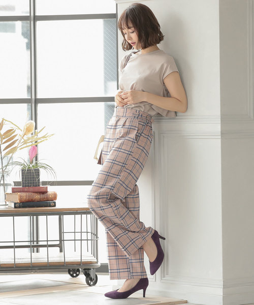 KOBE LETTUCE(コウベレタス)の「サイドベルトハイウエストチェック柄ワイドパンツ(その他パンツ・レディース・ベージュ/イエロー/パープル・FREE)」の10枚目の写真