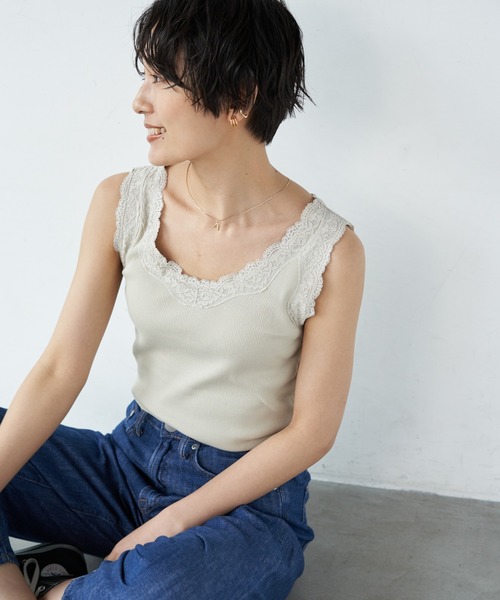 AMERICAN HOLIC（アメリカンホリック）の「レーステレコタンクトップ　＊（タンクトップ・レディース・チャコールグレー/ブラック/オフホワイト/アイボリー・M/L）」の2枚目の写真