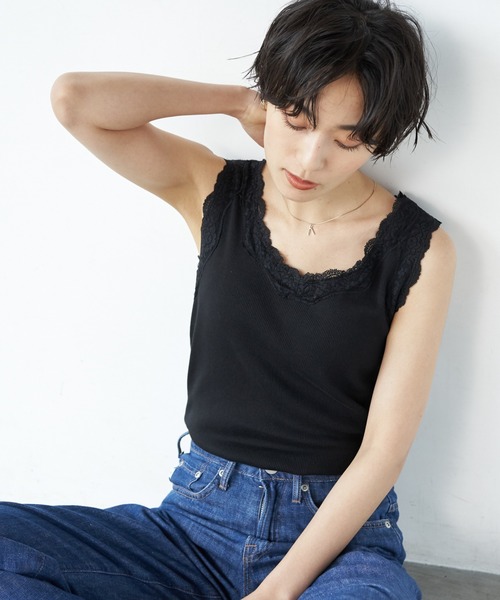 AMERICAN HOLIC（アメリカンホリック）の「レーステレコタンクトップ　＊（タンクトップ・レディース・チャコールグレー/ブラック/オフホワイト/アイボリー・M/L）」の3枚目の写真