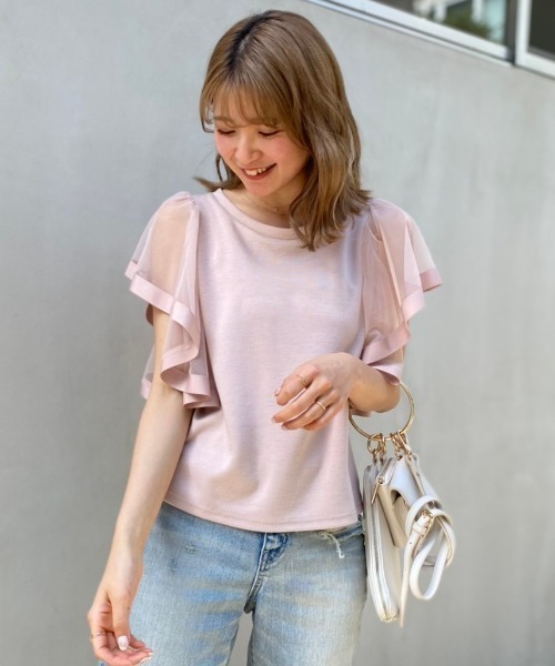 rienda（リエンダ）の「袖チュールカットトップス（Tシャツ/カットソー・レディース・ライトピンク/ブラック/ブラウン・FREE）」の6枚目の写真