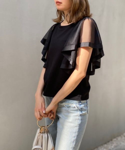 rienda（リエンダ）の「袖チュールカットトップス（Tシャツ/カットソー・レディース・ライトピンク/ブラック/ブラウン・FREE）」の4枚目の写真