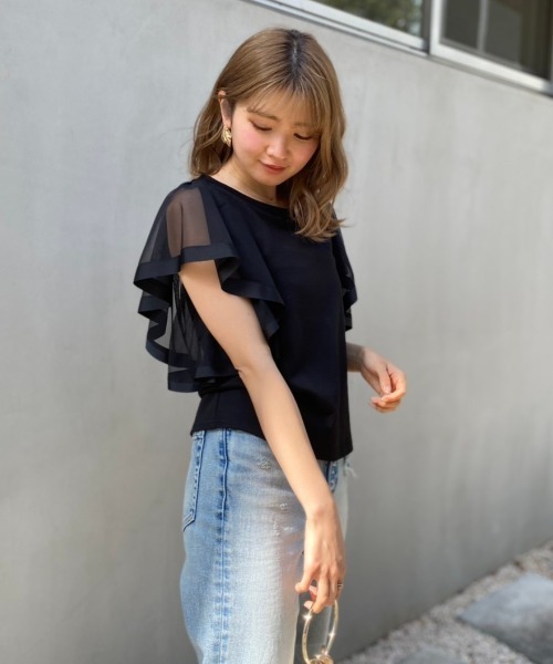 rienda（リエンダ）の「袖チュールカットトップス（Tシャツ/カットソー・レディース・ライトピンク/ブラック/ブラウン・FREE）」の14枚目の写真