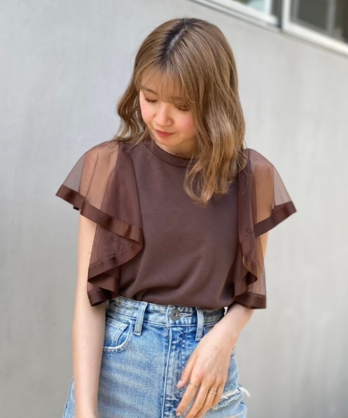 rienda（リエンダ）の「袖チュールカットトップス（Tシャツ/カットソー・レディース・ライトピンク/ブラック/ブラウン・FREE）」の10枚目の写真