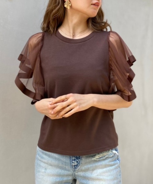 rienda（リエンダ）の「袖チュールカットトップス（Tシャツ/カットソー・レディース・ライトピンク/ブラック/ブラウン・FREE）」の9枚目の写真