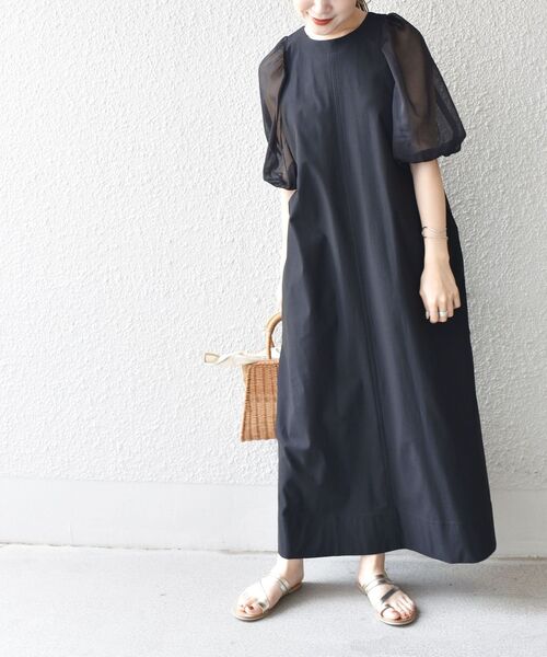 極美品✨SHIPS シップス　ボリュームスリーブデザインカットワンピース　シアー セール】【WEB限定】〈手洗い可能〉ボリュームスリーブデザイン