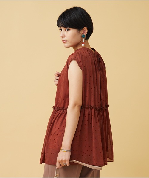 JETSET SOLO PLUS （ジェットセットソロプラス）の「シフォン楊柳 ドットチュニック（シャツ/ブラウス・レディース・ブラック/ブラウン/レッド・FREE）」の3枚目の写真