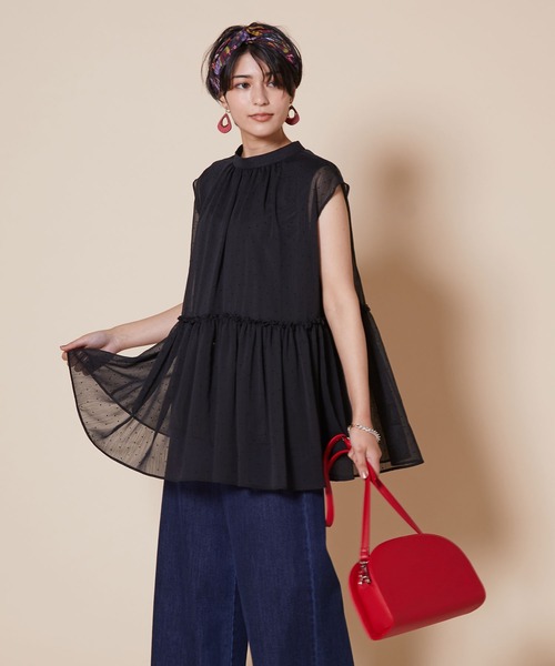 JETSET SOLO PLUS （ジェットセットソロプラス）の「シフォン楊柳 ドットチュニック（シャツ/ブラウス・レディース・ブラック/ブラウン/レッド・FREE）」の8枚目の写真