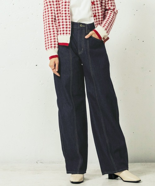 mikke(ミッケ)の「カツラギデニム ハイウエストカーブパンツ(デニムパンツ・レディース・チャコールグレー/ライトブルー/ネイビー/カーキ/ブルー/キナリ・S/M/L)」の1枚目の写真