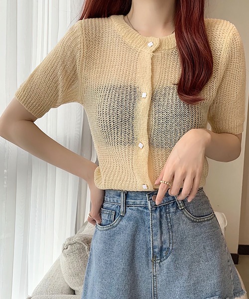 me+em select（ミームセレクト）の「【数量限定販売】お花ボタンパステルシアーニットカーディガン（カーディガン/ボレロ・レディース・ブルー/イエロー/ピンク・FREE）」の4枚目の写真