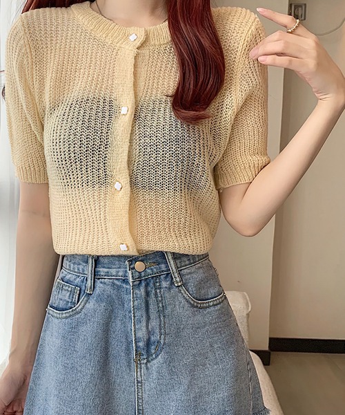 me+em select（ミームセレクト）の「【数量限定販売】お花ボタンパステルシアーニットカーディガン（カーディガン/ボレロ・レディース・ブルー/イエロー/ピンク・FREE）」の5枚目の写真