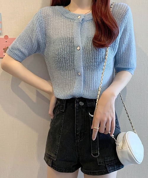 me+em select（ミームセレクト）の「【数量限定販売】お花ボタンパステルシアーニットカーディガン（カーディガン/ボレロ・レディース・ブルー/イエロー/ピンク・FREE）」の7枚目の写真