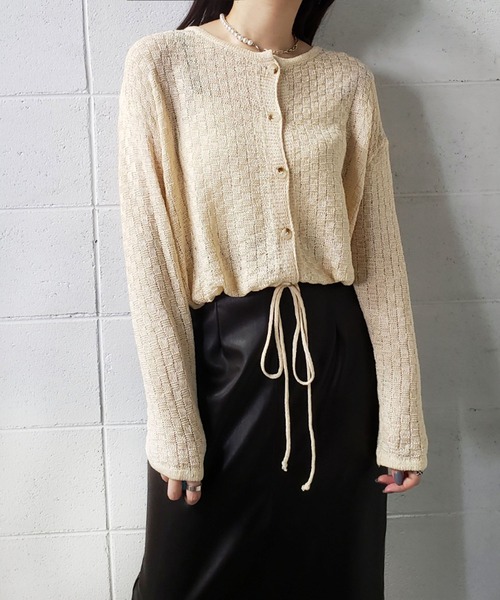 me+em select（ミームセレクト）の「裾リボンチェック編みカーディガン
