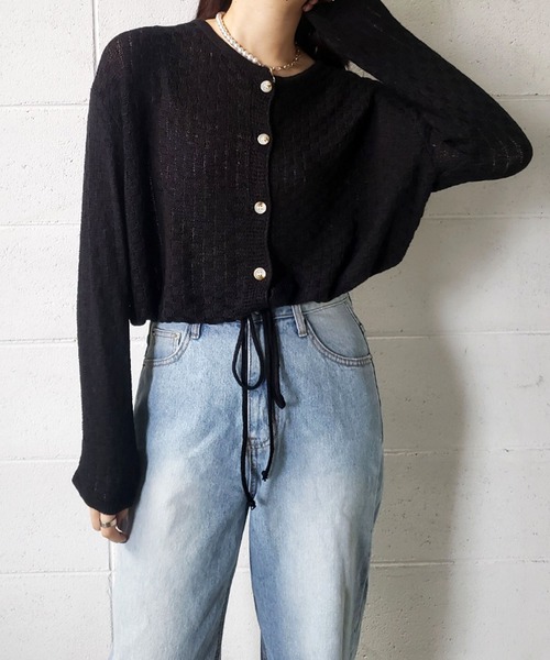 me+em select（ミームセレクト）の「裾リボンチェック編みカーディガン