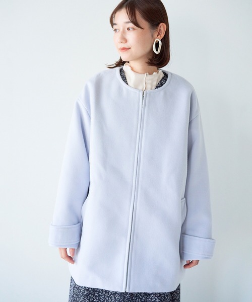 haco!（ハコ）の「綺麗も可愛いもお手の物！ボトムス選ばず好バランスが叶う きれい色ミドル丈コート（ノーカラーコート・レディース・ライトブルー・SMALL/MEDIUM/LARGE/X-LARGE）」の16枚目の写真