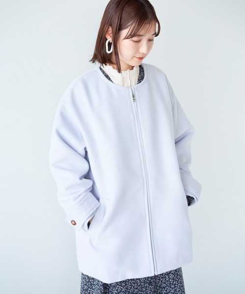 haco!（ハコ）の「綺麗も可愛いもお手の物！ボトムス選ばず好バランスが叶う きれい色ミドル丈コート（ノーカラーコート・レディース・ライトブルー・SMALL/MEDIUM/LARGE/X-LARGE）」の2枚目の写真