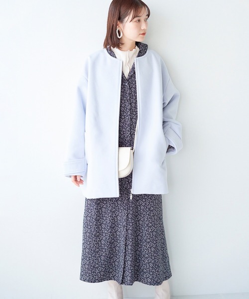 haco!（ハコ）の「綺麗も可愛いもお手の物！ボトムス選ばず好バランスが叶う きれい色ミドル丈コート（ノーカラーコート・レディース・ライトブルー・SMALL/MEDIUM/LARGE/X-LARGE）」の5枚目の写真