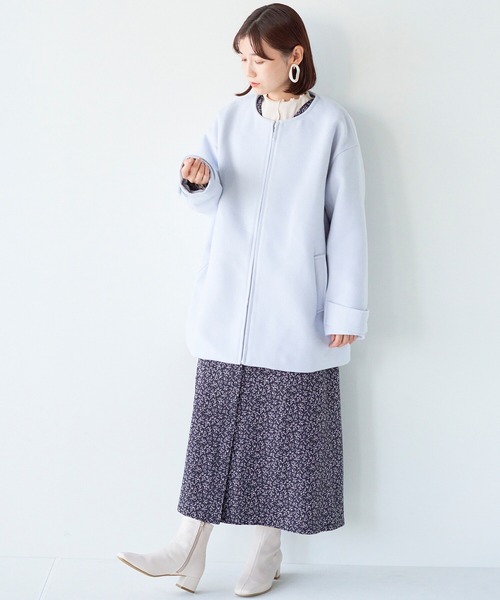 haco!（ハコ）の「綺麗も可愛いもお手の物！ボトムス選ばず好バランスが叶う きれい色ミドル丈コート（ノーカラーコート・レディース・ライトブルー・SMALL/MEDIUM/LARGE/X-LARGE）」の14枚目の写真