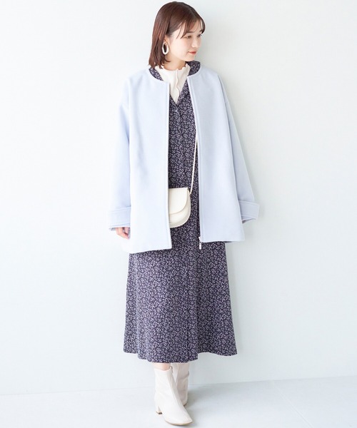 haco!（ハコ）の「綺麗も可愛いもお手の物！ボトムス選ばず好バランスが叶う きれい色ミドル丈コート（ノーカラーコート・レディース・ライトブルー・SMALL/MEDIUM/LARGE/X-LARGE）」の10枚目の写真