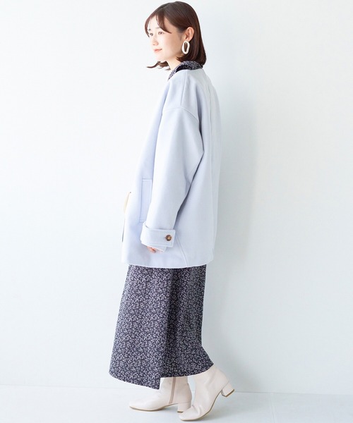 haco!（ハコ）の「綺麗も可愛いもお手の物！ボトムス選ばず好バランスが叶う きれい色ミドル丈コート（ノーカラーコート・レディース・ライトブルー・SMALL/MEDIUM/LARGE/X-LARGE）」の3枚目の写真
