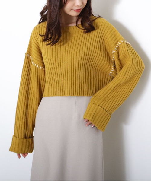 archives（アルシーヴ）の「リブハンドステッチ短丈プルオーバー（ニット/セーター・レディース・ブラック/ブルー/アイボリー/グリーン系その他/イエロー・MEDIUM）」の5枚目の写真