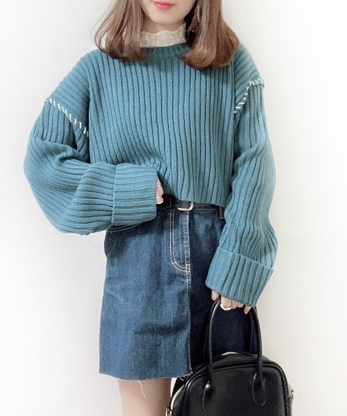 archives（アルシーヴ）の「リブハンドステッチ短丈プルオーバー（ニット/セーター・レディース・ブラック/ブルー/アイボリー/グリーン系その他/イエロー・MEDIUM）」の4枚目の写真