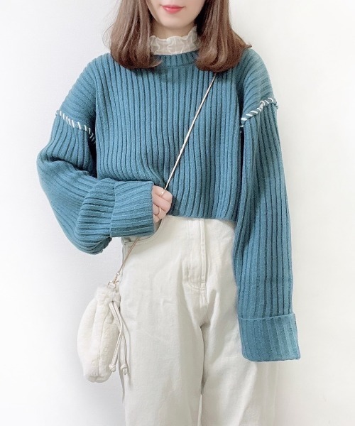 archives（アルシーヴ）の「リブハンドステッチ短丈プルオーバー（ニット/セーター・レディース・ブラック/ブルー/アイボリー/グリーン系その他/イエロー・MEDIUM）」の18枚目の写真