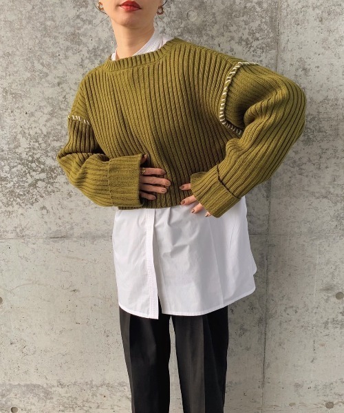 archives（アルシーヴ）の「リブハンドステッチ短丈プルオーバー（ニット/セーター・レディース・ブラック/ブルー/アイボリー/グリーン系その他/イエロー・MEDIUM）」の16枚目の写真