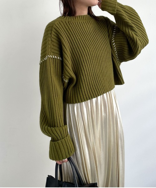 archives（アルシーヴ）の「リブハンドステッチ短丈プルオーバー（ニット/セーター・レディース・ブラック/ブルー/アイボリー/グリーン系その他/イエロー・MEDIUM）」の17枚目の写真