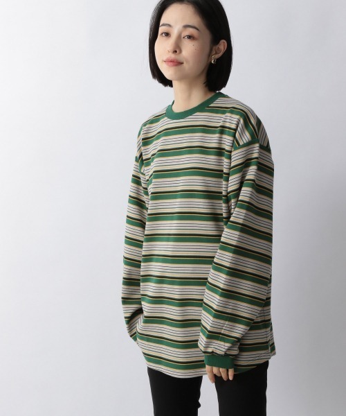 LOWRYS FARM（ローリーズファーム）の「ポンチボーダーチュニック　257973（Tシャツ/カットソー・レディース・ブラック/ダークブラウン/グリーン・FREE）」の3枚目の写真