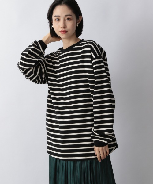 LOWRYS FARM（ローリーズファーム）の「ポンチボーダーチュニック　257973（Tシャツ/カットソー・レディース・ブラック/ダークブラウン/グリーン・FREE）」の6枚目の写真