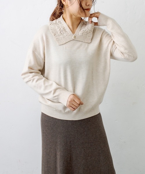 PUAL CE CIN（ピュアルセシン）の「すかし編み襟ニットプルオーバー（ニット/セーター・レディース・チャコールグレー/ブルーグレー/グレイッシュベージュ/ナチュラル・FREE）」の3枚目の写真