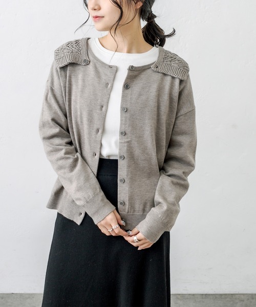 PUAL CE CIN（ピュアルセシン）の「すかし編み襟ニットプルオーバー（ニット/セーター・レディース・チャコールグレー/ブルーグレー/グレイッシュベージュ/ナチュラル・FREE）」の4枚目の写真