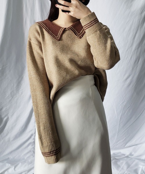 me+em select(ミームセレクト)の「ライン襟クロップドカラーニットプルオーバー(ニット/セーター・レディース・ベージュ/オレンジ/ブルー/グリーン/アイボリー・FREE)」の3枚目の写真