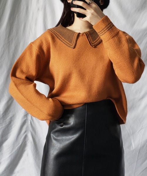 me+em select(ミームセレクト)の「ライン襟クロップドカラーニットプルオーバー(ニット/セーター・レディース・ベージュ/オレンジ/ブルー/グリーン/アイボリー・FREE)」の5枚目の写真