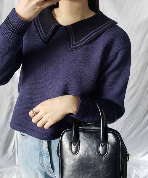 me+em select(ミームセレクト)の「ライン襟クロップドカラーニットプルオーバー(ニット/セーター・レディース・ベージュ/オレンジ/ブルー/グリーン/アイボリー・FREE)」の1枚目の写真