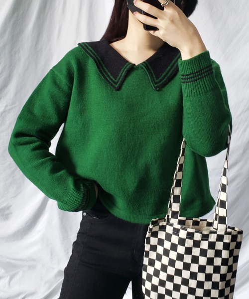 me+em select(ミームセレクト)の「ライン襟クロップドカラーニットプルオーバー(ニット/セーター・レディース・ベージュ/オレンジ/ブルー/グリーン/アイボリー・FREE)」の4枚目の写真